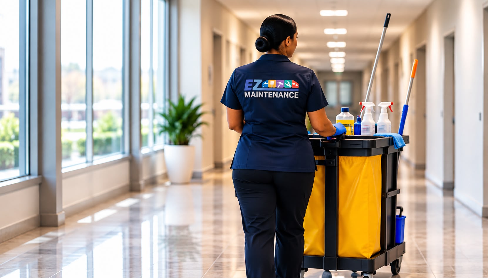 Janitorial staff with cleaning cart in a hallway