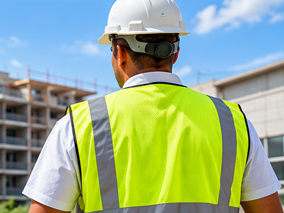 E-Z Maintenance team member in hard hat and branded vest